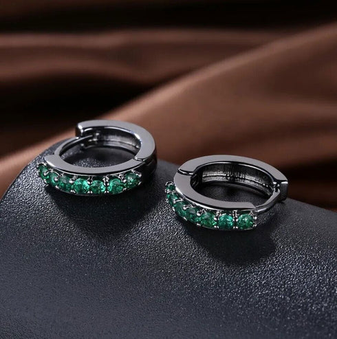 Gun Black Rhodium Plated Green Cubic Zirconia Men & Women Huggie Hoop Earrings